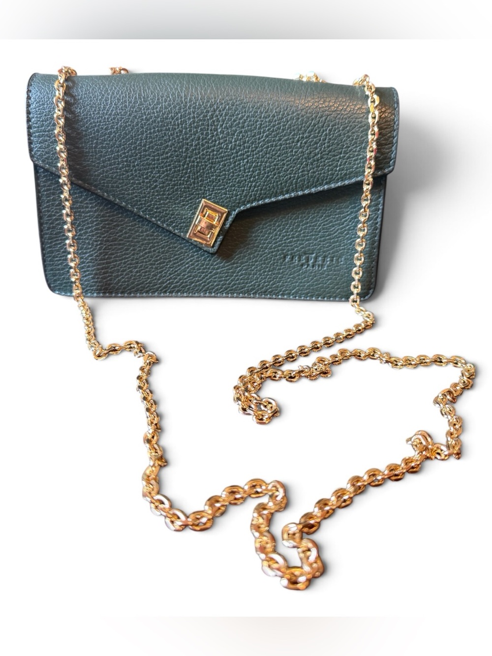 Frederic Paris Green Pebbled Leather Crossbody Bag Gold Turn Lock Messenger